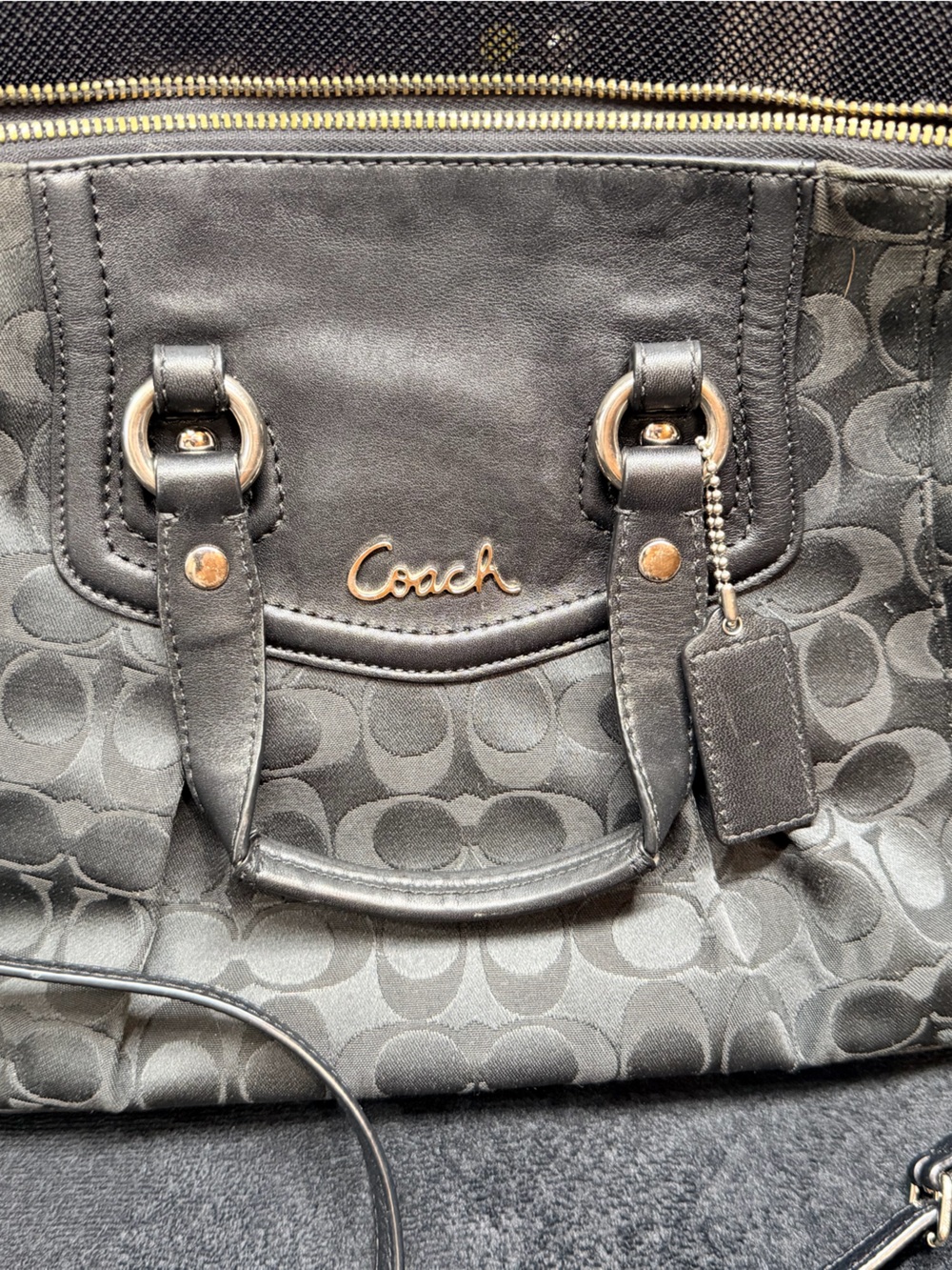 Coach Black Signature Canvas Satchel with Black Leather Trim